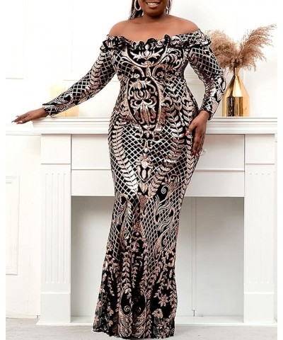 Women's Plus Size Sequin Dress Off Shoudler Long Sleeve Party Prom Formal Mermaid Maxi Dresses Gowns Gold $44.19 Dresses