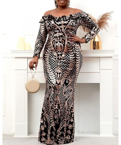 Women's Plus Size Sequin Dress Off Shoudler Long Sleeve Party Prom Formal Mermaid Maxi Dresses Gowns Gold $44.19 Dresses