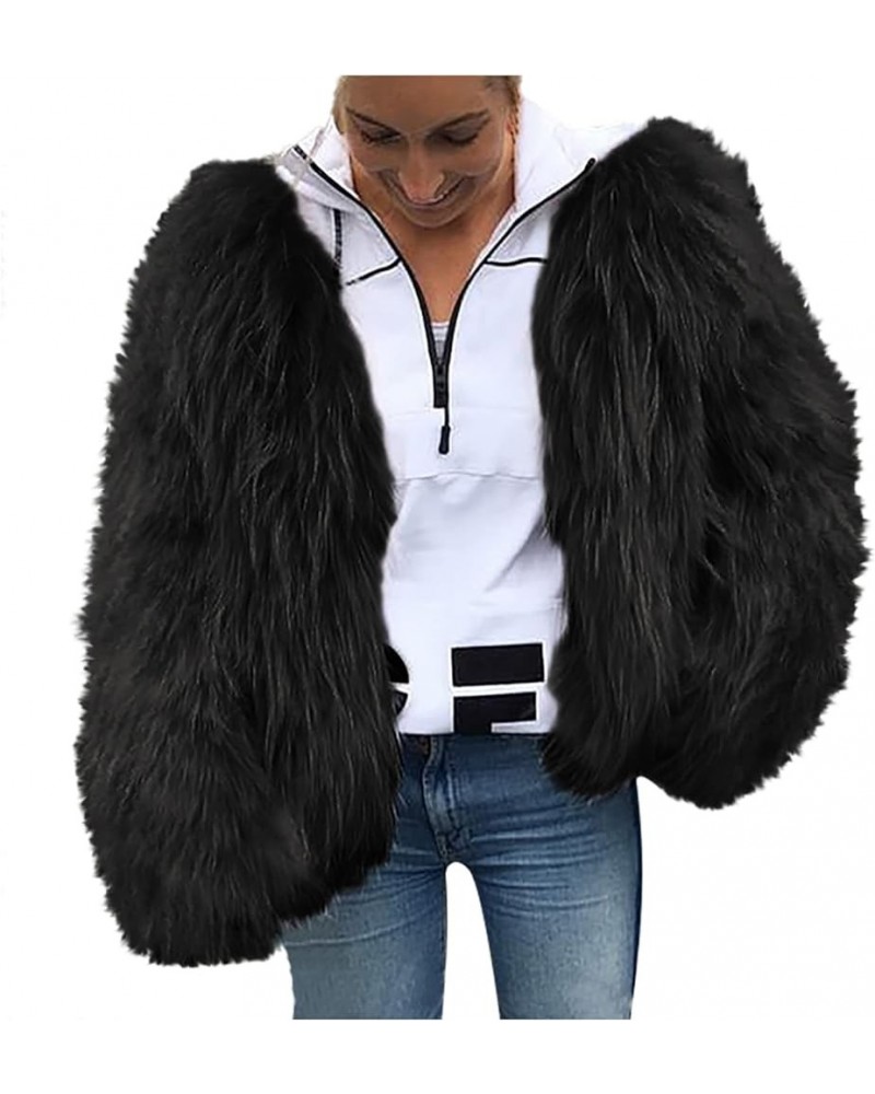 Faux Fur Coat Women Fashion Cropped Jacket Winter Open Front Cardigans Warm Shaggy Long Sleeve Tops Outwear Black $18.96 Coats