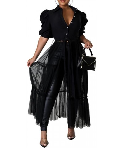 Womens Casual Blouse Mesh Maxi Dress Button Down Belted Shirt Top with Swing A-Line Sheer See Through Skirts Black $16.80 Swi...