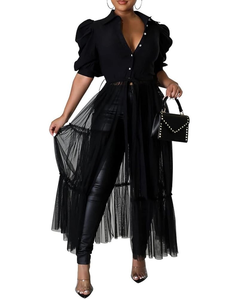 Womens Casual Blouse Mesh Maxi Dress Button Down Belted Shirt Top with Swing A-Line Sheer See Through Skirts Black $16.80 Swi...