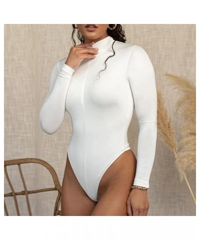 Women's Fleece Long Sleeve Bodysuit Front Zipper Mock Neck Slim Fit Basic Stretch Bodysuit Clubwear Black White $12.48 Bodysuits