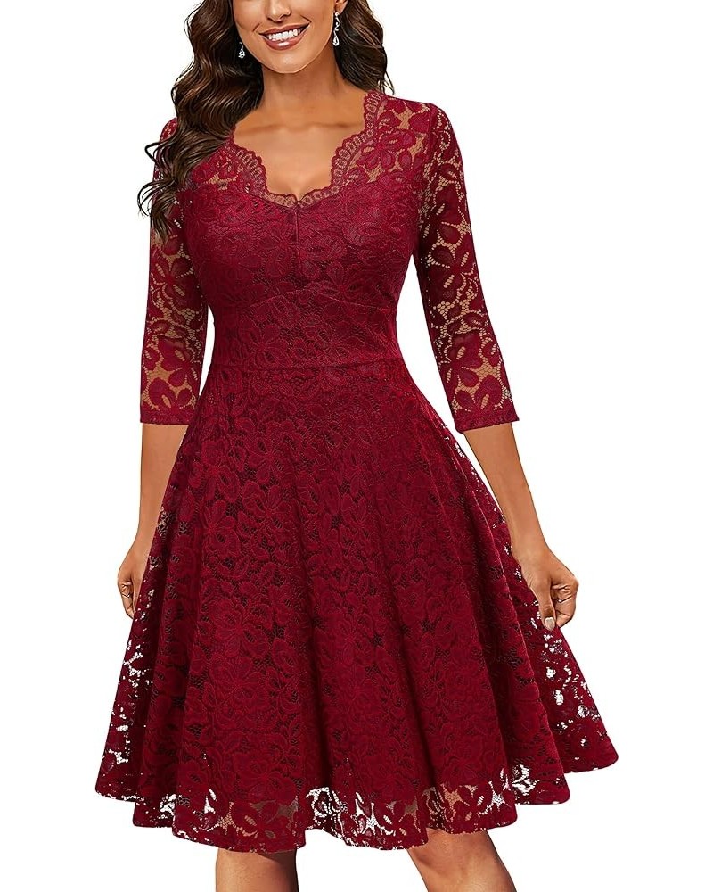 Women's Vintage Floral Lace 3/4 Sleeve A-Line Bridesmaid Party Dress Red $19.20 Dresses