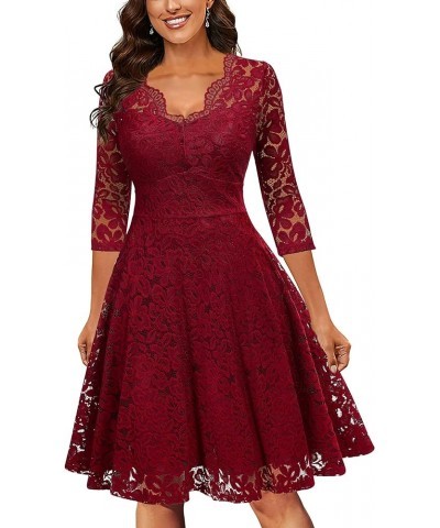 Women's Vintage Floral Lace 3/4 Sleeve A-Line Bridesmaid Party Dress Red $19.20 Dresses