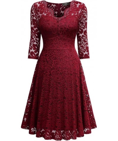 Women's Vintage Floral Lace 3/4 Sleeve A-Line Bridesmaid Party Dress Red $19.20 Dresses