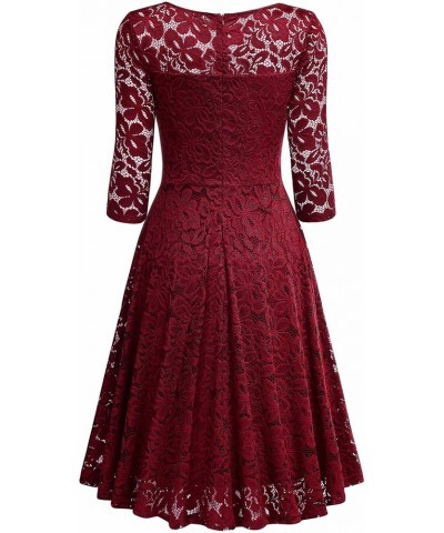 Women's Vintage Floral Lace 3/4 Sleeve A-Line Bridesmaid Party Dress Red $19.20 Dresses