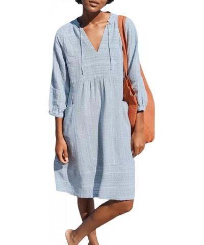 Womens Summer V Neck Linen Dress Loose Half Sleeve Solid Linen Dress Light Blue-zz $17.82 Dresses