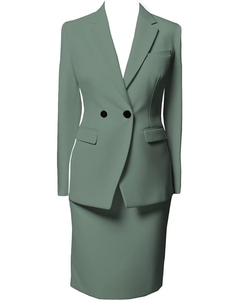 Women's Business Suit 2 Pieces Solid Blazer Jacket and Skirt Set for Office Work Tea Green $34.78 Suits