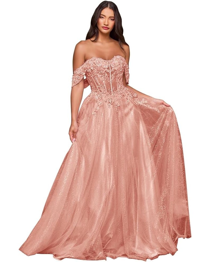 Glitter Tulle Prom Dresses for Women Long Ball Gown Lace Appliques A-Line Formal Evening Dresses Blush $44.32 Dresses