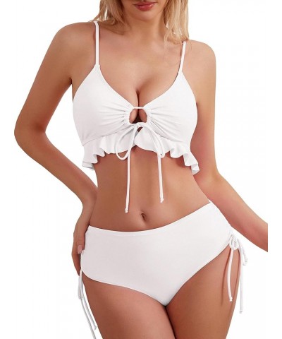 Women's Bikini Sets Cute Ruffle Two Piece Swimsuits Sexy Tie Front Bathing Suit White $15.58 Swimsuits