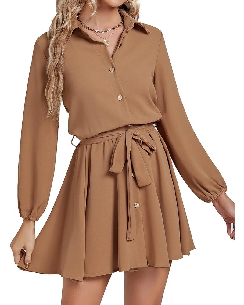 Women’s Button Down Lantern Long Sleeve Belted Skater Mini Short Shirt Dress Khaki $22.25 Dresses