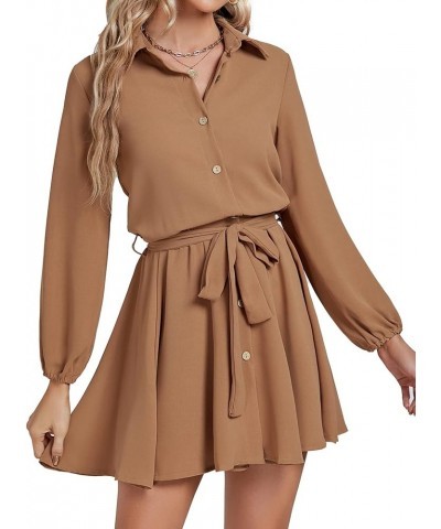 Women’s Button Down Lantern Long Sleeve Belted Skater Mini Short Shirt Dress Khaki $22.25 Dresses