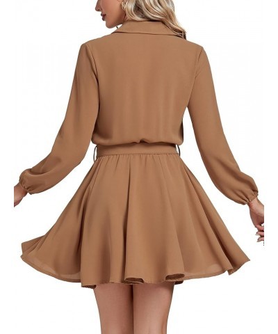 Women’s Button Down Lantern Long Sleeve Belted Skater Mini Short Shirt Dress Khaki $22.25 Dresses