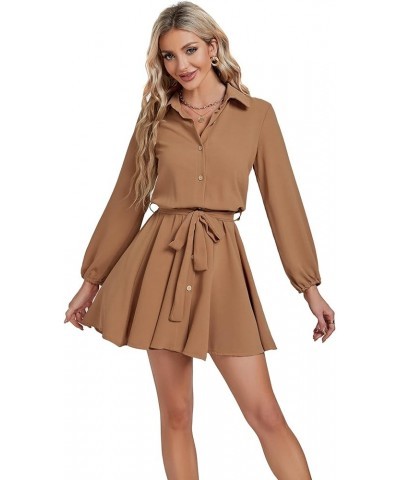 Women’s Button Down Lantern Long Sleeve Belted Skater Mini Short Shirt Dress Khaki $22.25 Dresses