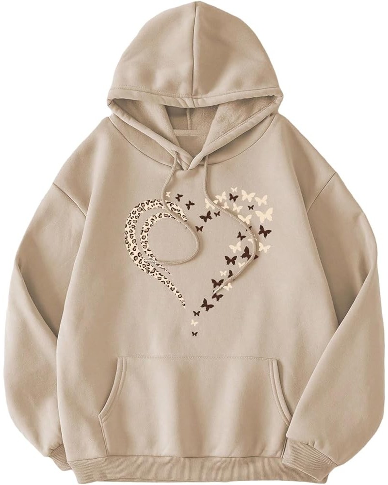 Women's Heart Butterfly Print Drawstring Long Sleeve Thermal Hoodie Sweatshirt Hooded Pullovers Khaki $19.49 Hoodies & Sweats...