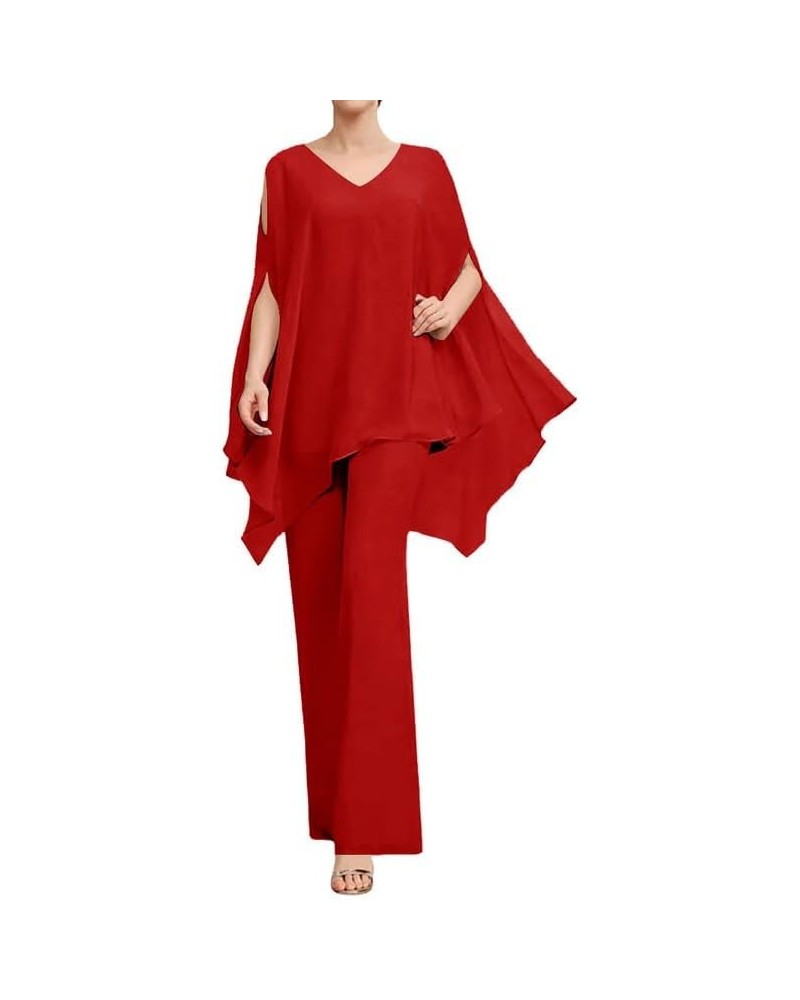 Mother of The Bride Pant Suits 2 Pieces Chiffon Outfit Wedding Guest Groom Dresses Formal Evening Gowns Jumpsuit Red $36.89 S...