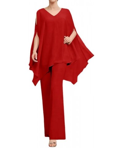 Mother of The Bride Pant Suits 2 Pieces Chiffon Outfit Wedding Guest Groom Dresses Formal Evening Gowns Jumpsuit Red $36.89 S...