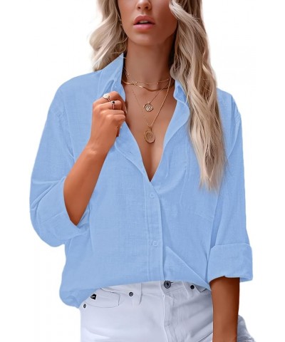 Womens Button Down Shirts Casual V Neck Long Sleeve Classic Office Work Blouse Tops with Pocket Light Blue $17.32 Blouses