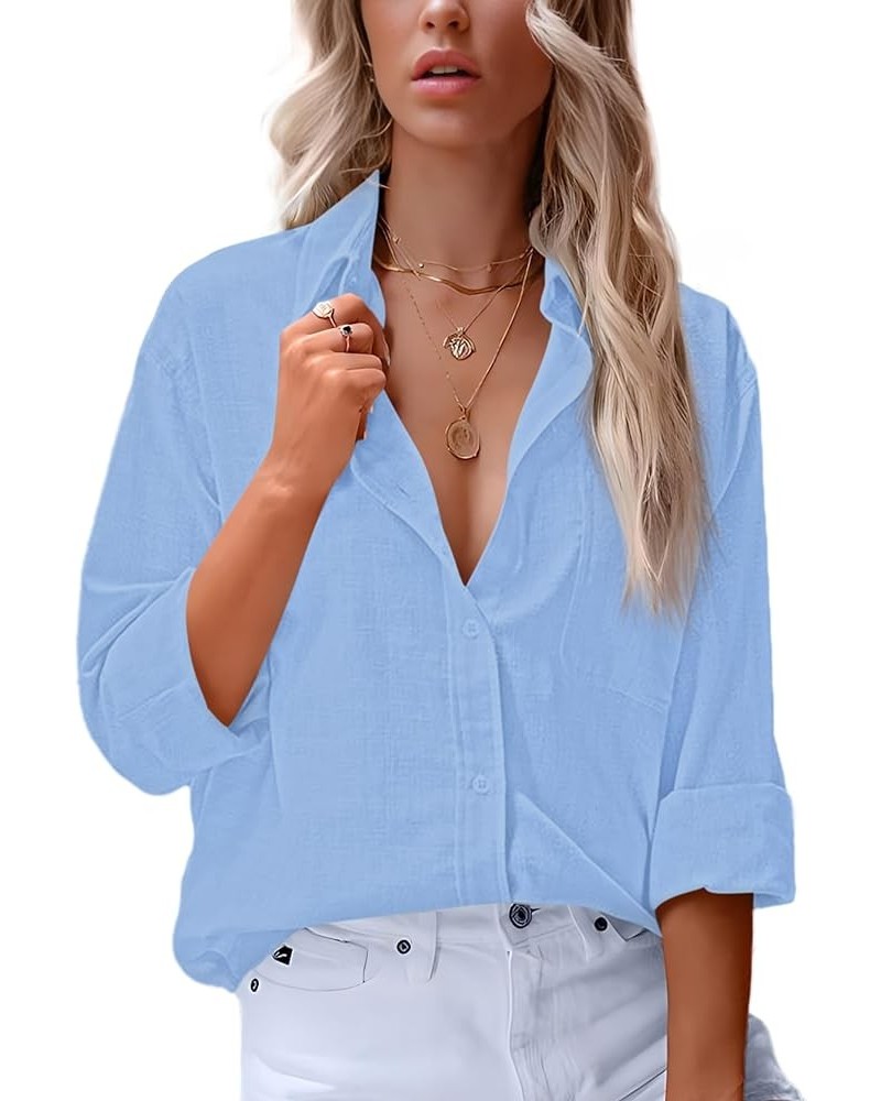 Womens Button Down Shirts Casual V Neck Long Sleeve Classic Office Work Blouse Tops with Pocket Light Blue $17.32 Blouses