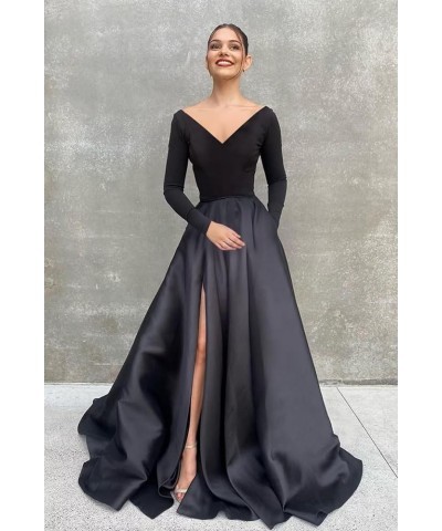 Long Sleeve Velvet Prom Dresses V Neck A-Line Formal Gowns Satin Evening Dress with Pockets Grey $37.40 Dresses