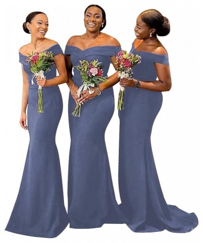 Off Shoulder Mermaid Bridesmaid Dresses for Wedding Satin Formal Evening Gowns Bodycon Prom Dress with Train Dusty Blue $41.1...