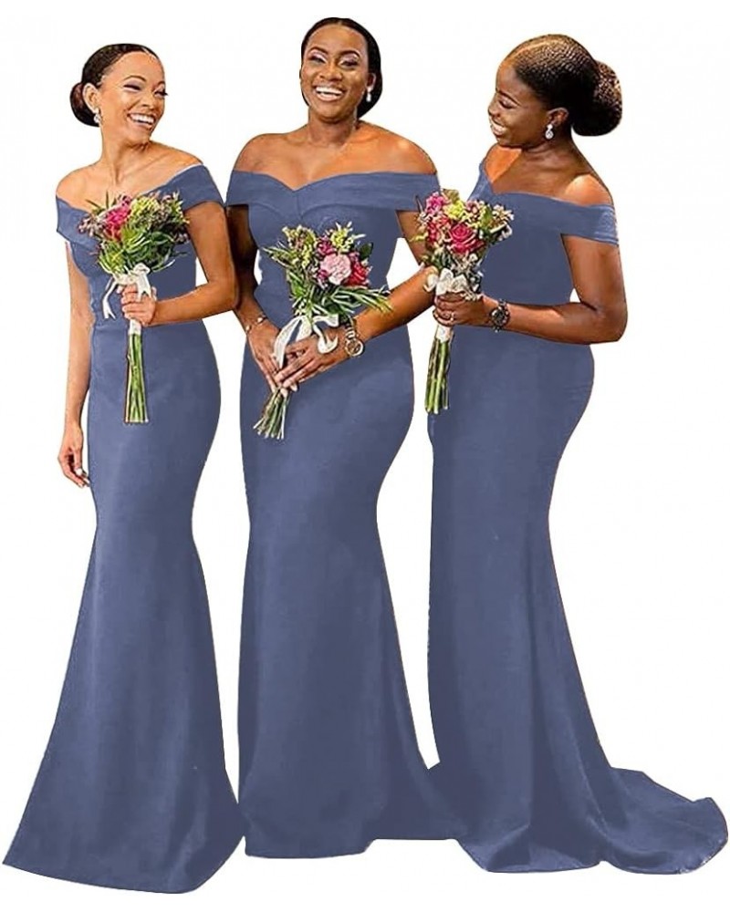 Off Shoulder Mermaid Bridesmaid Dresses for Wedding Satin Formal Evening Gowns Bodycon Prom Dress with Train Dusty Blue $41.1...