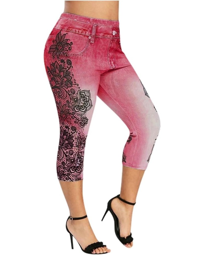 Women's Skinny Capri Jeans Floral Printed Stretchy Cropped Pants Plus Size Fashion Trendy Relaxed-Fit Denim Pants Red $7.54 J...