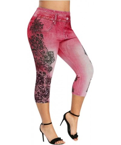 Women's Skinny Capri Jeans Floral Printed Stretchy Cropped Pants Plus Size Fashion Trendy Relaxed-Fit Denim Pants Red $7.54 J...