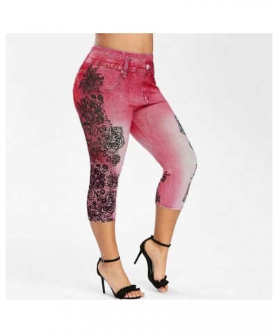 Women's Skinny Capri Jeans Floral Printed Stretchy Cropped Pants Plus Size Fashion Trendy Relaxed-Fit Denim Pants Red $7.54 J...