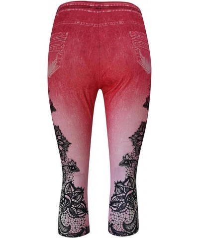 Women's Skinny Capri Jeans Floral Printed Stretchy Cropped Pants Plus Size Fashion Trendy Relaxed-Fit Denim Pants Red $7.54 J...