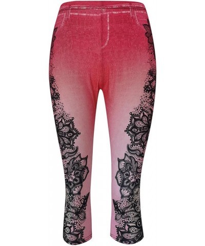 Women's Skinny Capri Jeans Floral Printed Stretchy Cropped Pants Plus Size Fashion Trendy Relaxed-Fit Denim Pants Red $7.54 J...