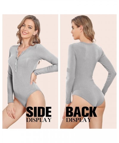 Womens Snap Closure V Neck Ribbed Short Long Sleeves Casual Slim Fit Bodysuit Shirts Tops Gray $14.83 Lingerie