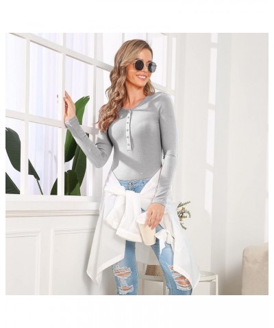 Womens Snap Closure V Neck Ribbed Short Long Sleeves Casual Slim Fit Bodysuit Shirts Tops Gray $14.83 Lingerie