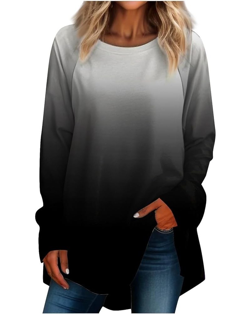 Tunic Tops for Women Loose Fit Dressy Casual Plus Size Long Sleeved Round Neck Gradient Printing T-Shirt Top Pullover Dark Gr...