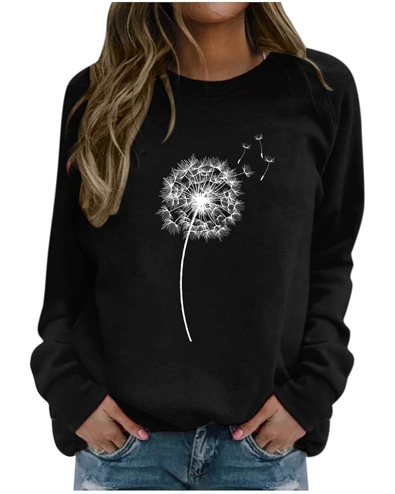 Tops for Women Cute Dandelion Print Casual Loose Long Sleeve Crewneck Pullover Sweaters Sweatshirts Blouse A-black $4.45 Hood...