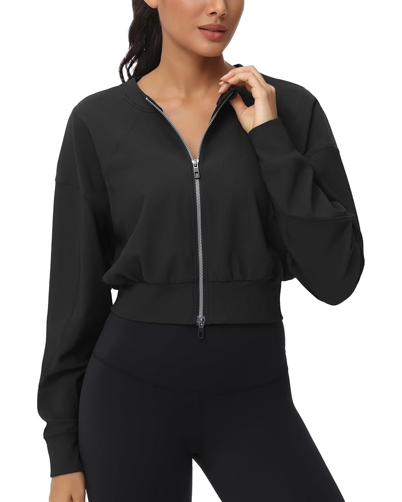 Women's Cropped Jackets Full Zip Long Sleeve Ribbed Workout Sweatshirts Lightweight Casual Tops Black $19.88 Jackets