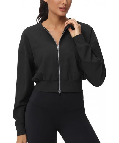 Women's Cropped Jackets Full Zip Long Sleeve Ribbed Workout Sweatshirts Lightweight Casual Tops Black $19.88 Jackets