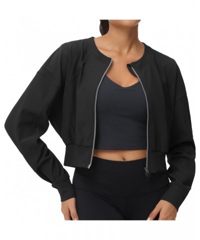 Women's Cropped Jackets Full Zip Long Sleeve Ribbed Workout Sweatshirts Lightweight Casual Tops Black $19.88 Jackets