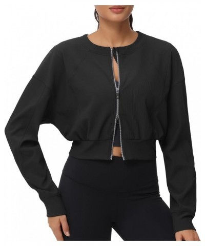 Women's Cropped Jackets Full Zip Long Sleeve Ribbed Workout Sweatshirts Lightweight Casual Tops Black $19.88 Jackets