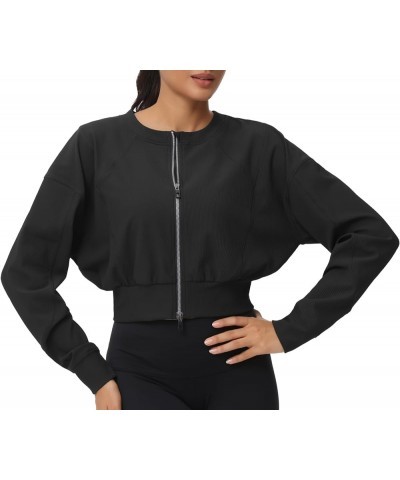 Women's Cropped Jackets Full Zip Long Sleeve Ribbed Workout Sweatshirts Lightweight Casual Tops Black $19.88 Jackets