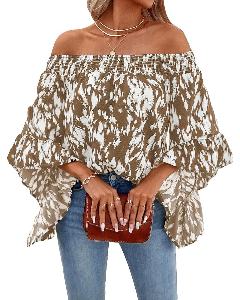 Women's Boho Off Shoulder 3/4 Bell Sleeve Summer Blouse Top Brown $13.02 Blouses