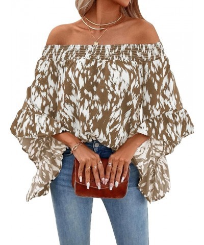 Women's Boho Off Shoulder 3/4 Bell Sleeve Summer Blouse Top Brown $13.02 Blouses