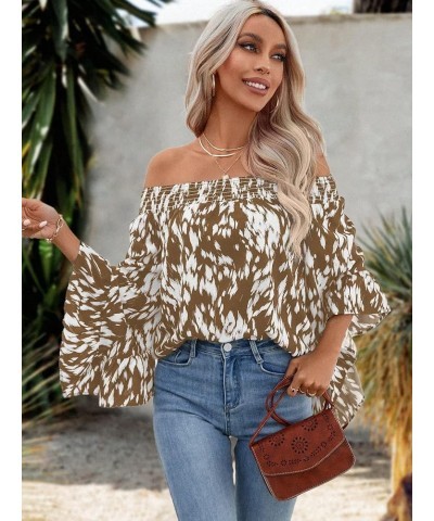 Women's Boho Off Shoulder 3/4 Bell Sleeve Summer Blouse Top Brown $13.02 Blouses