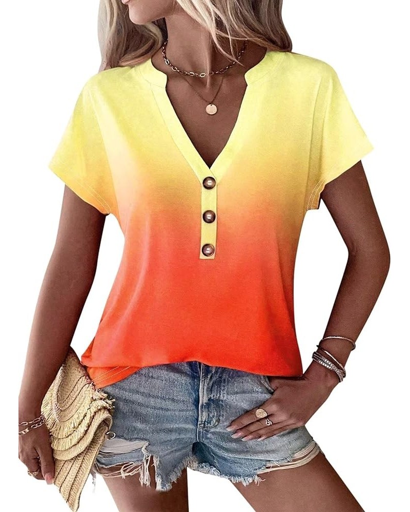 Womens Tshirts V Neck Short Sleeve Buttons Tops Tee Solid Color Blouse Loose Fit Z Orange $13.15 Blouses