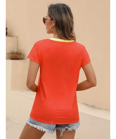 Womens Tshirts V Neck Short Sleeve Buttons Tops Tee Solid Color Blouse Loose Fit Z Orange $13.15 Blouses