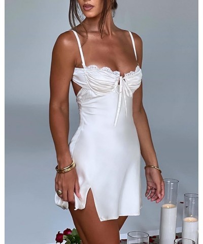 Women Rhinestone Low Cut Sling Dress Lace Spaghetti Strap Cutout Mini Dress Y2k Bodycon Backless Short Dress Bandage White $9...