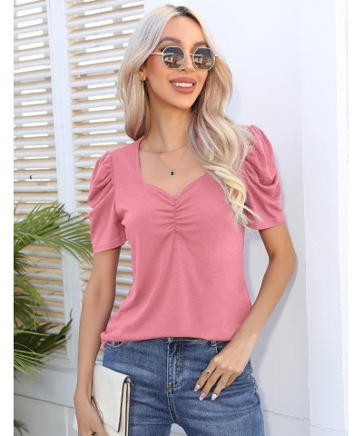 Women's Summer Shirt Ruched Square Neck Tops Puff Short Sleeve T-Shirt Loose Casual Tunics 05-coral Pink $13.36 T-Shirts