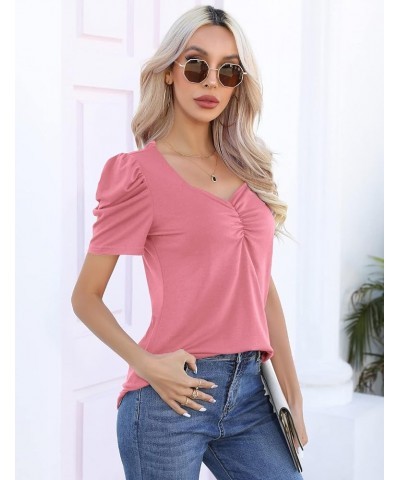 Women's Summer Shirt Ruched Square Neck Tops Puff Short Sleeve T-Shirt Loose Casual Tunics 05-coral Pink $13.36 T-Shirts