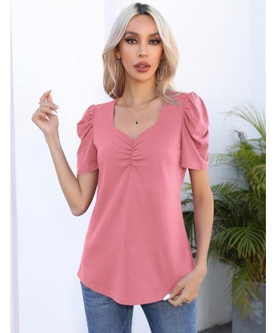 Women's Summer Shirt Ruched Square Neck Tops Puff Short Sleeve T-Shirt Loose Casual Tunics 05-coral Pink $13.36 T-Shirts