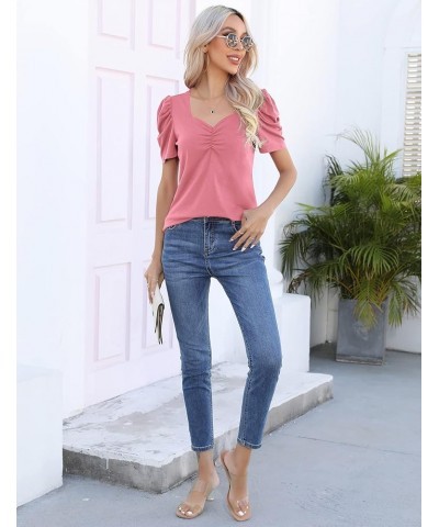 Women's Summer Shirt Ruched Square Neck Tops Puff Short Sleeve T-Shirt Loose Casual Tunics 05-coral Pink $13.36 T-Shirts